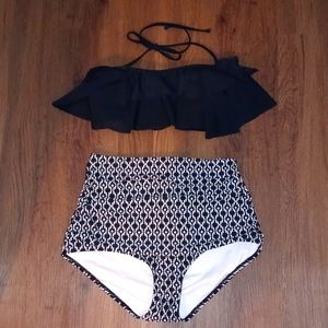 Women's high waisted bikini by coco ship. Black top and black and white bottoms.